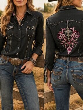 Panhandle Slim Black Western Shirt Studded Front Embroidered Back Cowgirl Rodeo